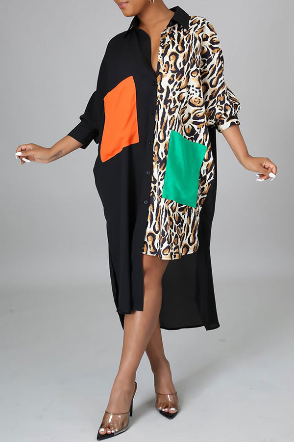 Plus Size Leopard Print Patchwork Shirtdress