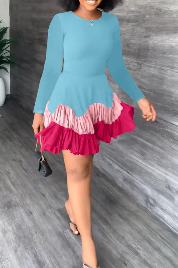 Colorblock Ruched Ruffle Hem Swing Dress