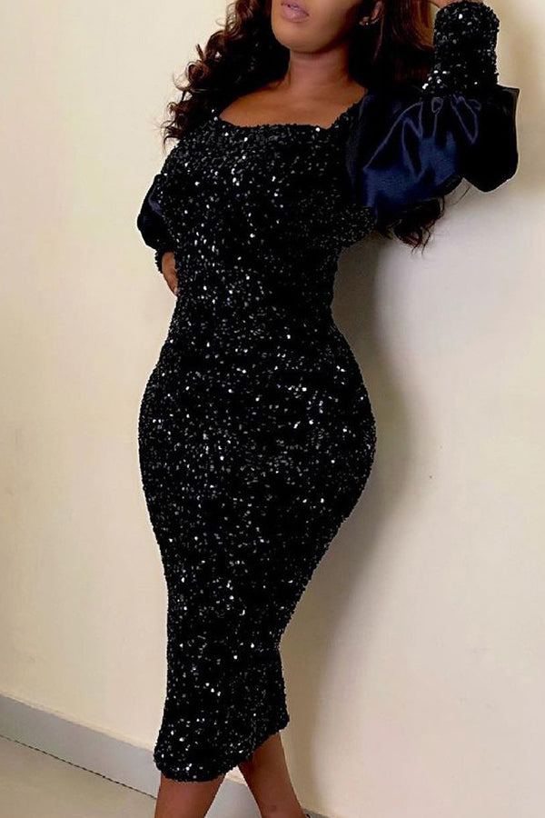 Puff Sleeve Sequin Bodycon Evening Dress