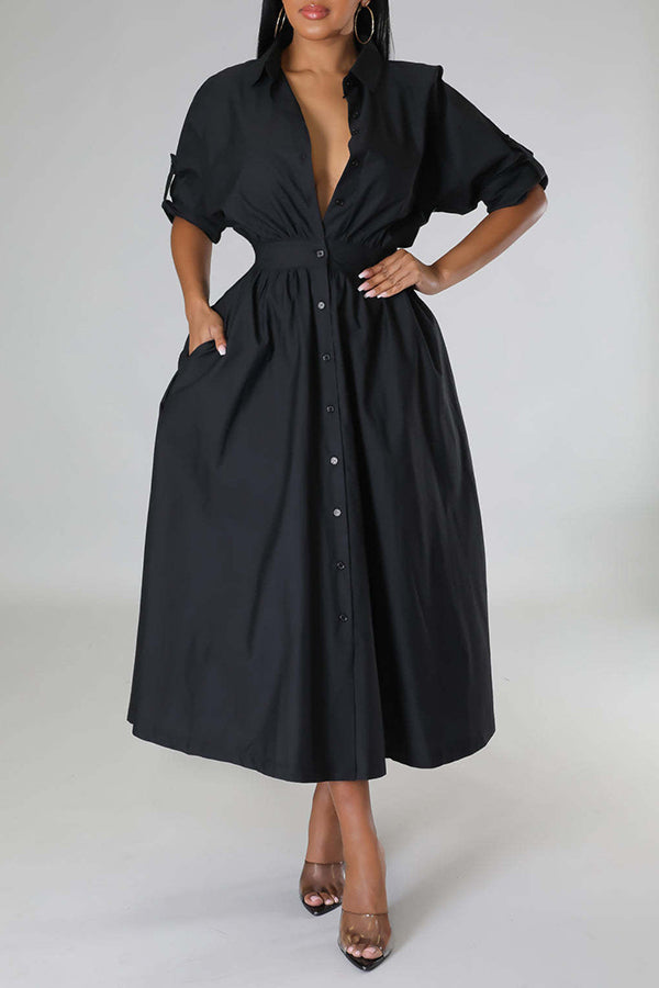 Stylish Ruched Elastic Waist Shirt Dress