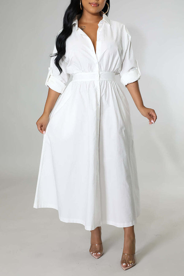 Stylish Ruched Elastic Waist Shirt Dress