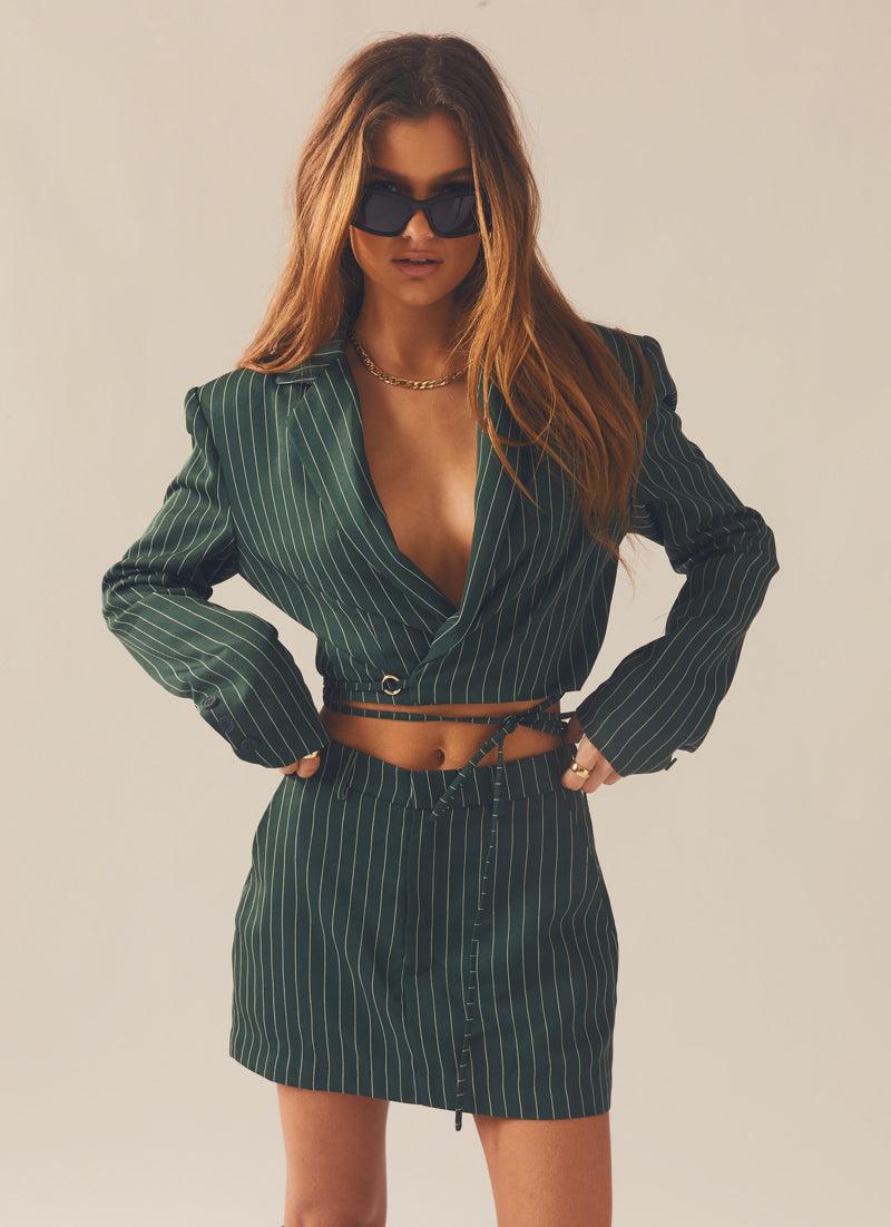 Pursuit of Happiness Cropped Blazer - Green Pinstripe