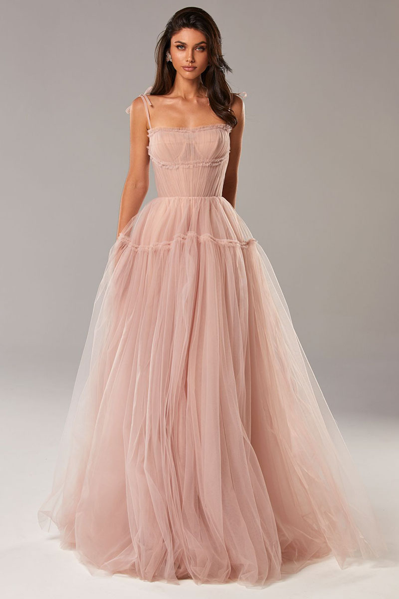 Alluring Beauty Tie-Strap Tulle Maxi Dress