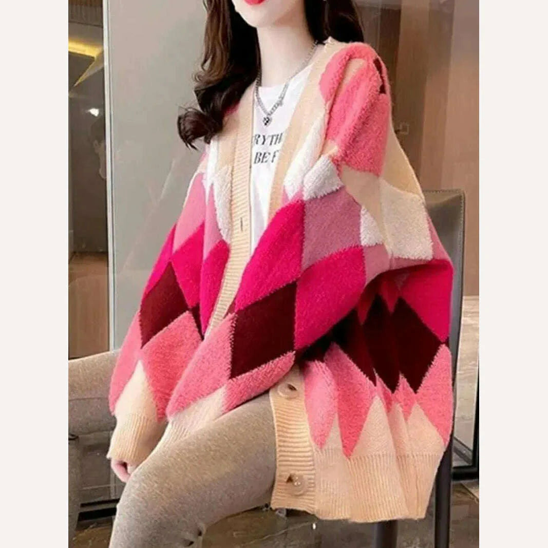 Argyle Cardigan Women Knitted Sweater Loose Single Breasted Students V-neck Lovely Knitwear Korean Oversize Cardigan Winter Tops