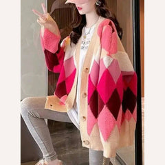 Argyle Cardigan Women Knitted Sweater Loose Single Breasted Students V-neck Lovely Knitwear Korean Oversize Cardigan Winter Tops