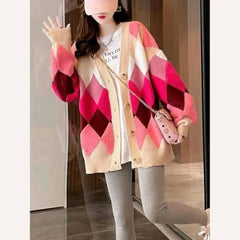 Argyle Cardigan Women Knitted Sweater Loose Single Breasted Students V-neck Lovely Knitwear Korean Oversize Cardigan Winter Tops