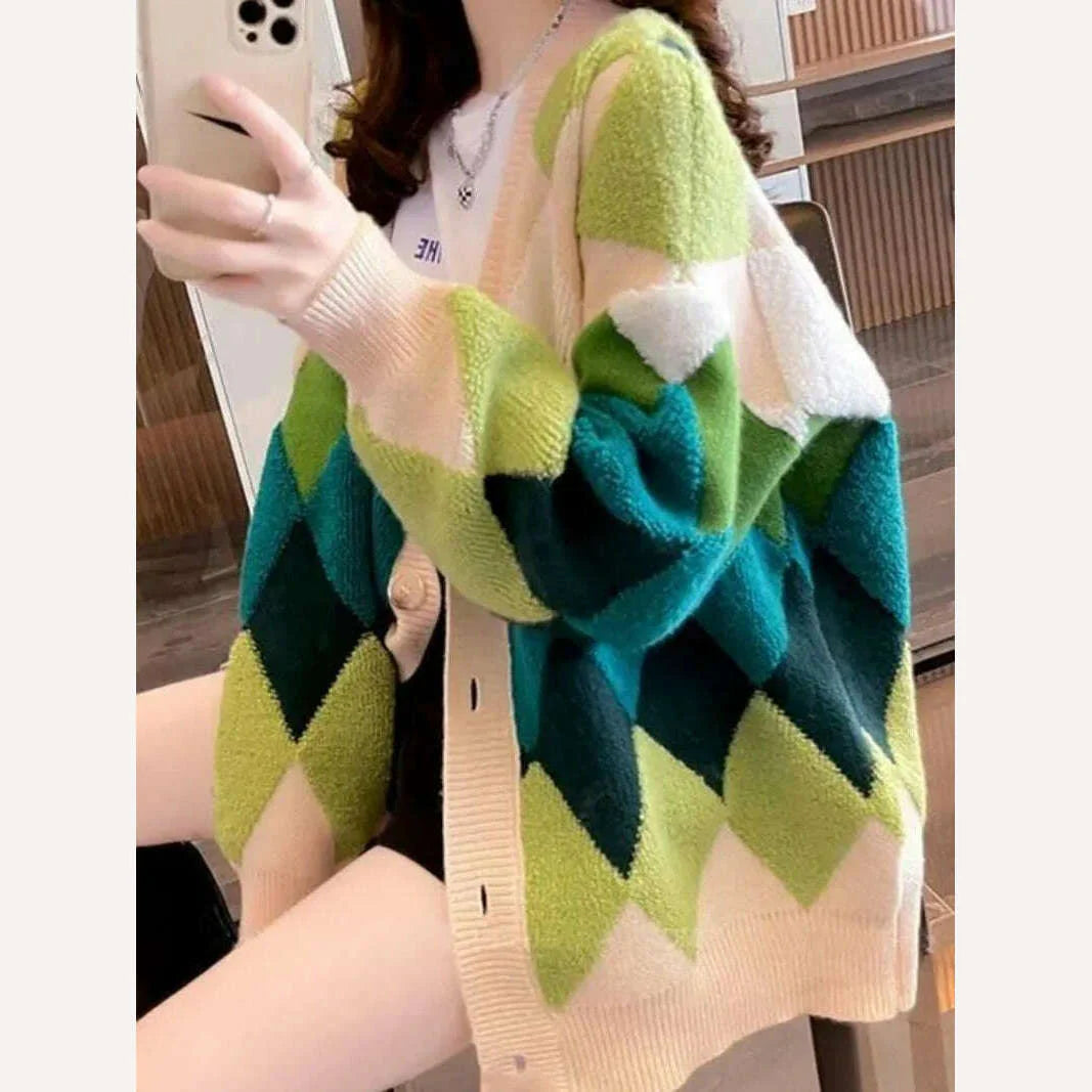 Argyle Cardigan Women Knitted Sweater Loose Single Breasted Students V-neck Lovely Knitwear Korean Oversize Cardigan Winter Tops