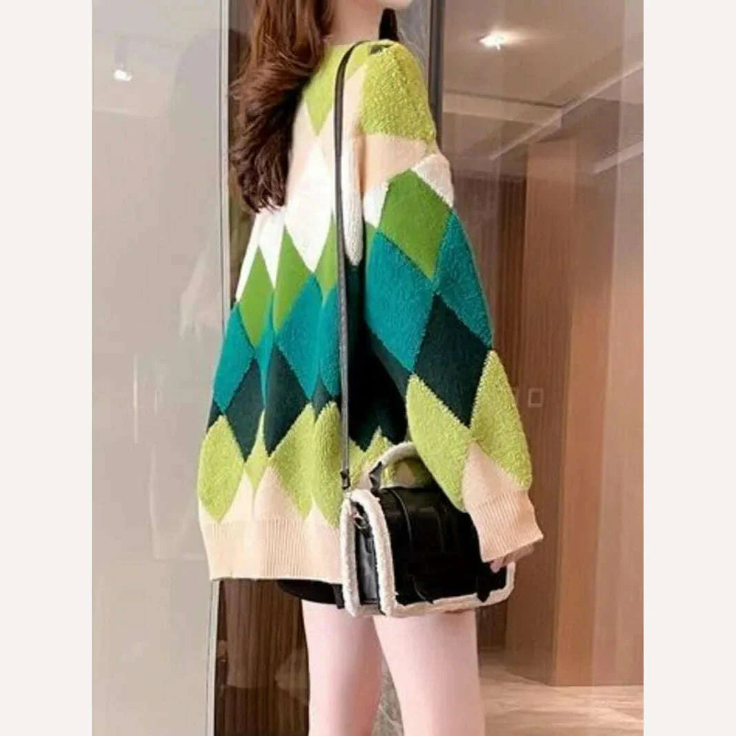 Argyle Cardigan Women Knitted Sweater Loose Single Breasted Students V-neck Lovely Knitwear Korean Oversize Cardigan Winter Tops