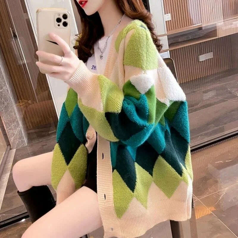 Argyle Cardigan Women Knitted Sweater Loose Single Breasted Students V-neck Lovely Knitwear Korean Oversize Cardigan Winter Tops