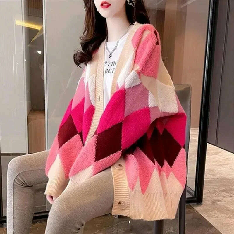 Argyle Cardigan Women Knitted Sweater Loose Single Breasted Students V-neck Lovely Knitwear Korean Oversize Cardigan Winter Tops