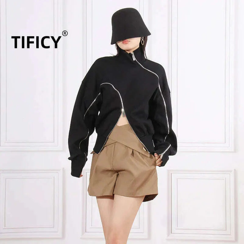 Autumn New Fashion Casual Solid Color Irregular Zipper Design High Collar Sweatshirts Women's Loose Hooded Sweatshirt Top