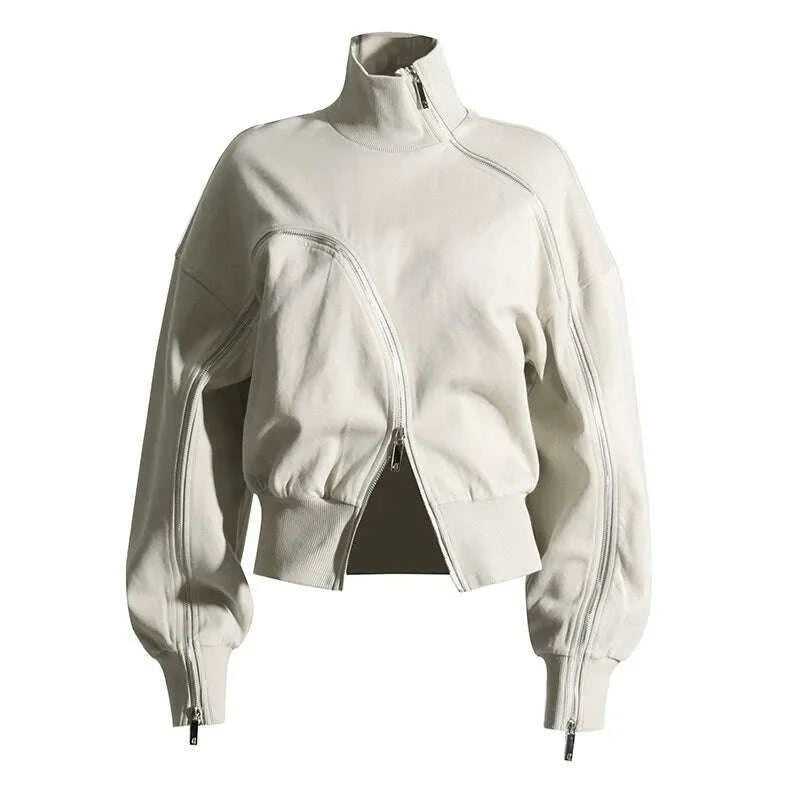 Autumn New Fashion Casual Solid Color Irregular Zipper Design High Collar Sweatshirts Women's Loose Hooded Sweatshirt Top