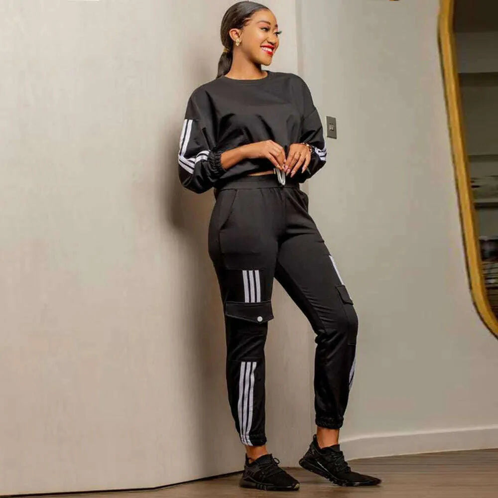 Autumn Winter Casual Sport 2 Piece Set Women Solid Loose Fit Two Piece Outfit T Shirt Tops Jogger Pants Suit Women Tracksuit Set