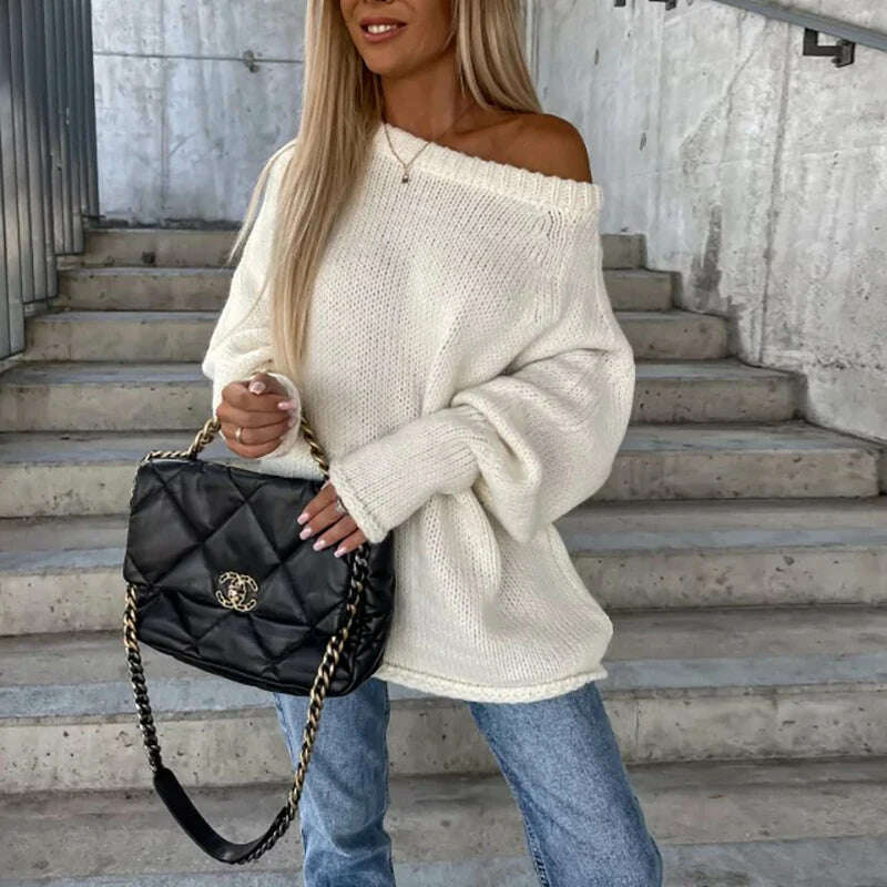 Autumn Winter Commute Loose Off-shoulder Sweater Female Solid Color Long Sleeves O Neck Knitted Pullovers Fashion Party Blouses