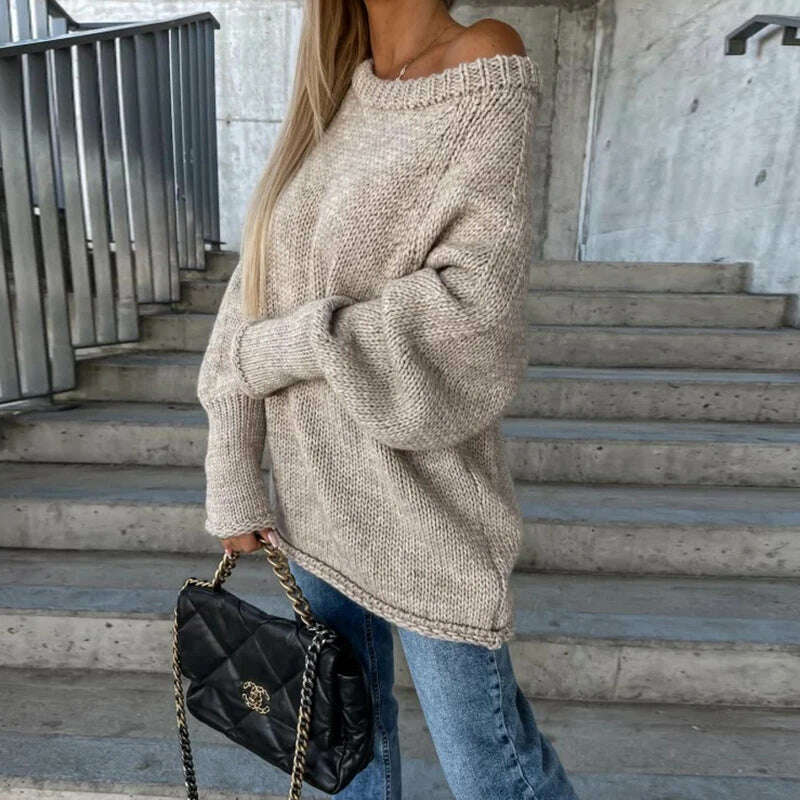 Autumn Winter Commute Loose Off-shoulder Sweater Female Solid Color Long Sleeves O Neck Knitted Pullovers Fashion Party Blouses