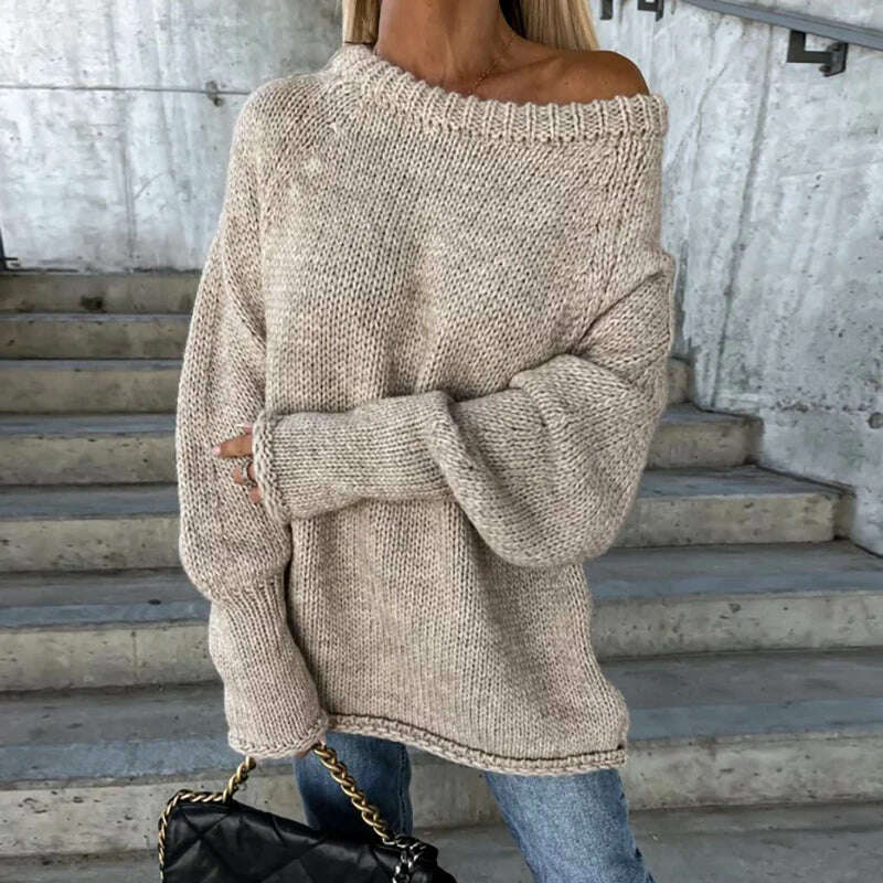 Autumn Winter Commute Loose Off-shoulder Sweater Female Solid Color Long Sleeves O Neck Knitted Pullovers Fashion Party Blouses