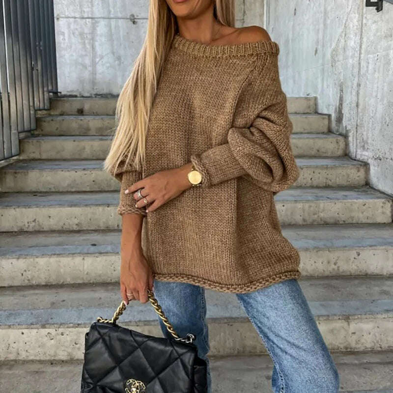 Autumn Winter Commute Loose Off-shoulder Sweater Female Solid Color Long Sleeves O Neck Knitted Pullovers Fashion Party Blouses