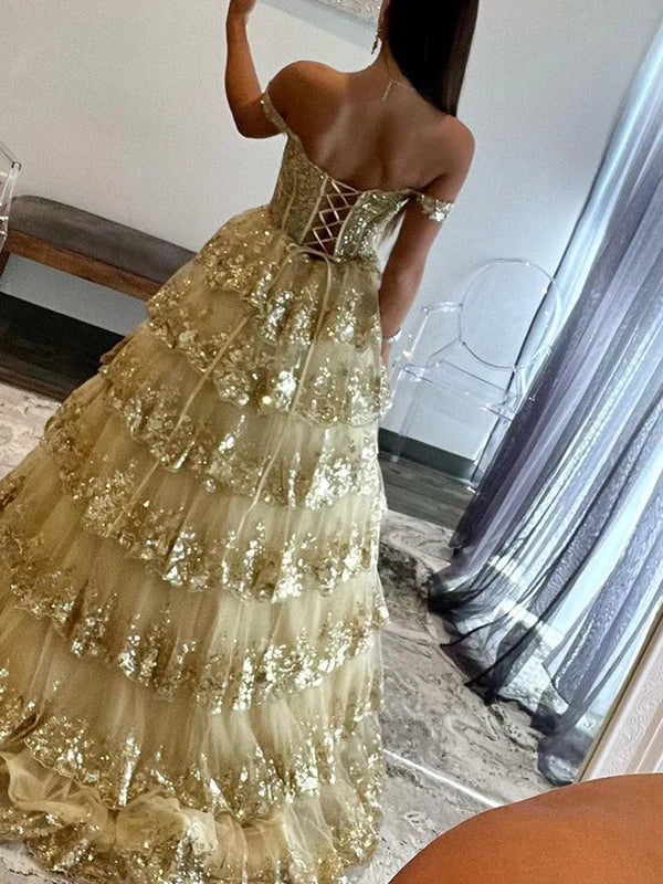 Off the shoulder Gold sequin lace Ruffled Prom Dresses, Princess Dresses, 2024 Prom Dresses