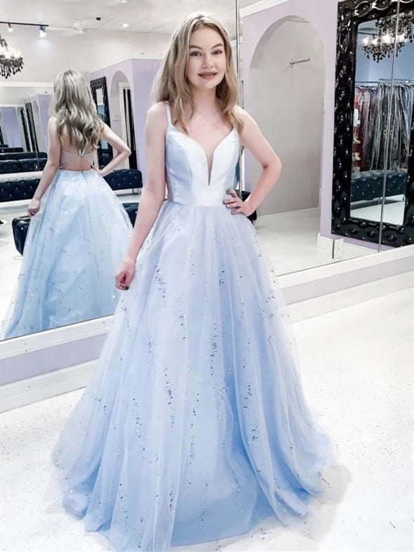 Straps Long A-line Blue Sequin Tulle Prom Dresses, Popular 2020 Prom Dresses, Newest Prom Dresses