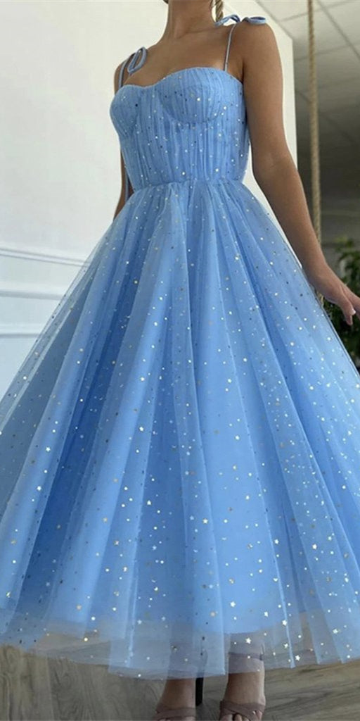 Spaghetti Long A-line Blue Sequin Tulle Prom Dresses, Shiny Prom Dresses, Newest Prom Dresses