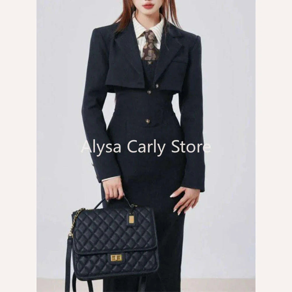 British Style 3 Piece Dress Set Women Long Sleeve Chic Coat + White Stripe Shirt + Casual Long Dress Elegant Office Lady Suits