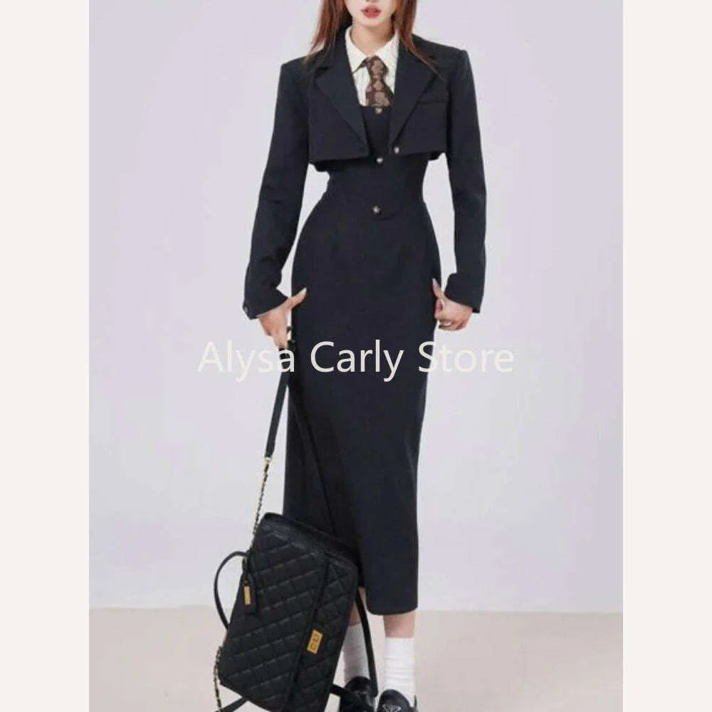 British Style 3 Piece Dress Set Women Long Sleeve Chic Coat + White Stripe Shirt + Casual Long Dress Elegant Office Lady Suits