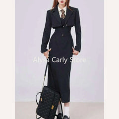 British Style 3 Piece Dress Set Women Long Sleeve Chic Coat + White Stripe Shirt + Casual Long Dress Elegant Office Lady Suits