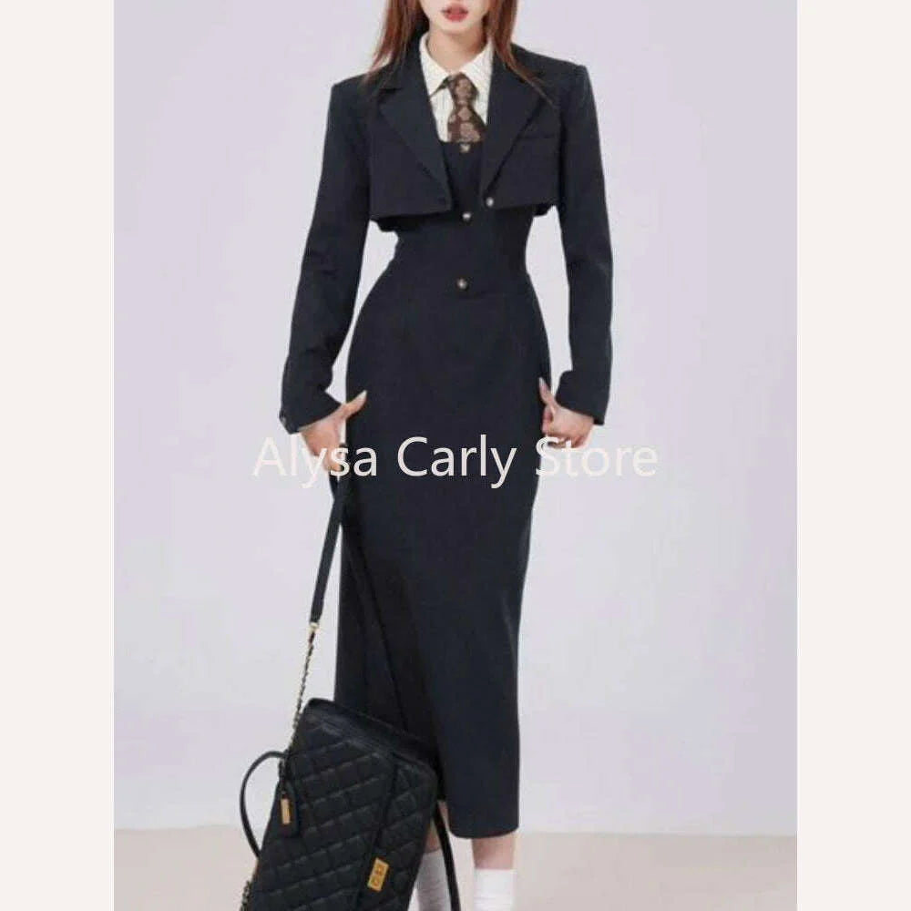 British Style 3 Piece Dress Set Women Long Sleeve Chic Coat + White Stripe Shirt + Casual Long Dress Elegant Office Lady Suits