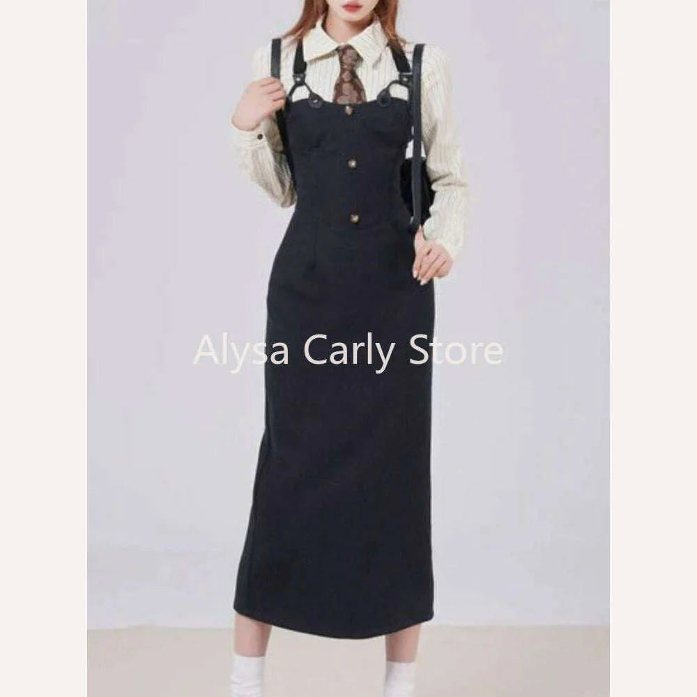 British Style 3 Piece Dress Set Women Long Sleeve Chic Coat + White Stripe Shirt + Casual Long Dress Elegant Office Lady Suits