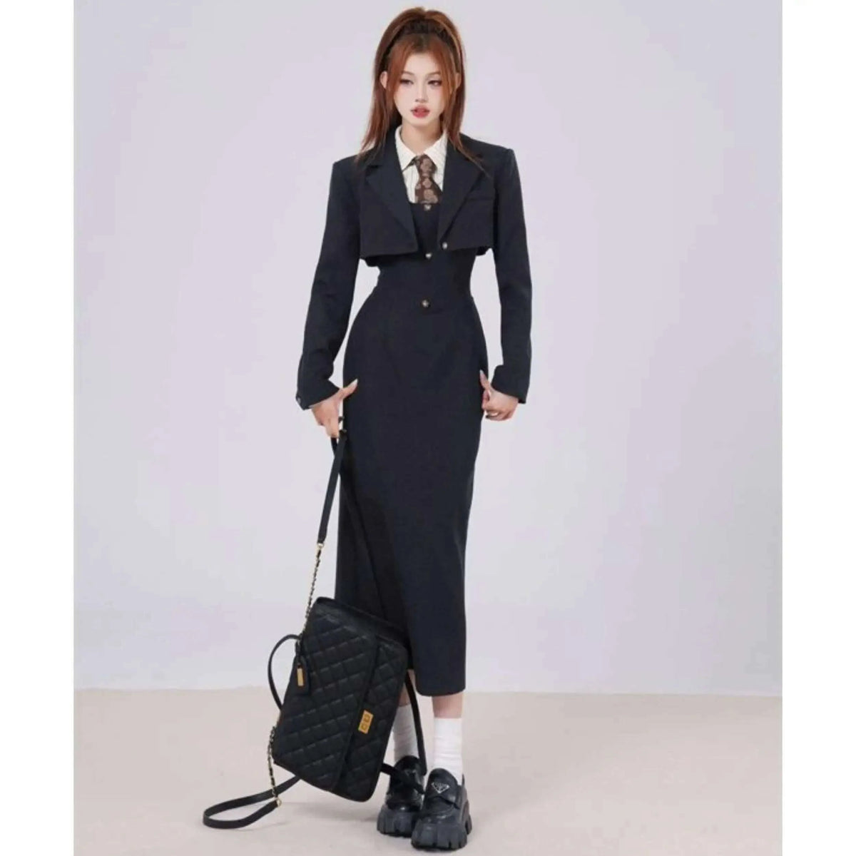 British Style 3 Piece Dress Set Women Long Sleeve Chic Coat + White Stripe Shirt + Casual Long Dress Elegant Office Lady Suits