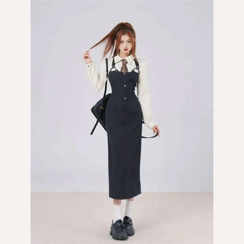 British Style 3 Piece Dress Set Women Long Sleeve Chic Coat + White Stripe Shirt + Casual Long Dress Elegant Office Lady Suits