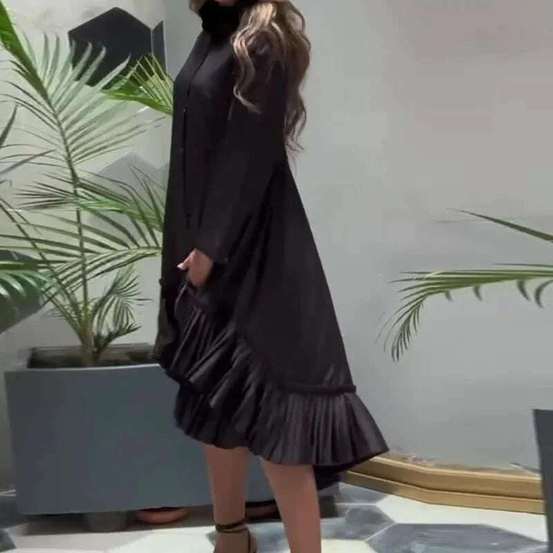 Casual Irregular Long Sleeved Dress Elegant Stand Collar Single Breasted Shirt Dress Lady Fashion Solid Pleated Commuting Dress