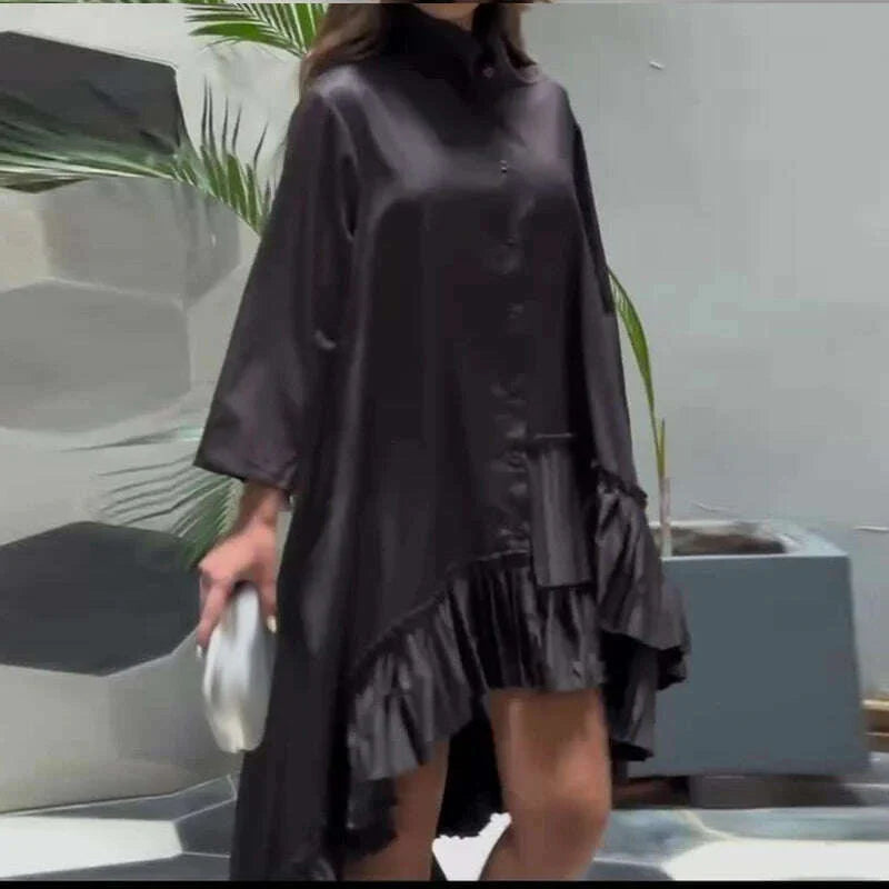 Casual Irregular Long Sleeved Dress Elegant Stand Collar Single Breasted Shirt Dress Lady Fashion Solid Pleated Commuting Dress