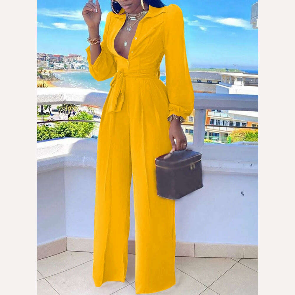 Casual Jumpsuit For Women Spring Summer 2023 New Fashion Solid Color Lace Up Shirt Collar Two-Piece Suit Jumpsuits