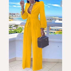 Casual Jumpsuit For Women Spring Summer 2023 New Fashion Solid Color Lace Up Shirt Collar Two-Piece Suit Jumpsuits