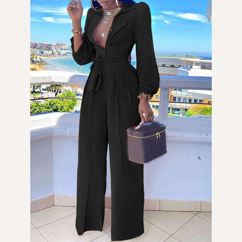 Casual Jumpsuit For Women Spring Summer 2023 New Fashion Solid Color Lace Up Shirt Collar Two-Piece Suit Jumpsuits