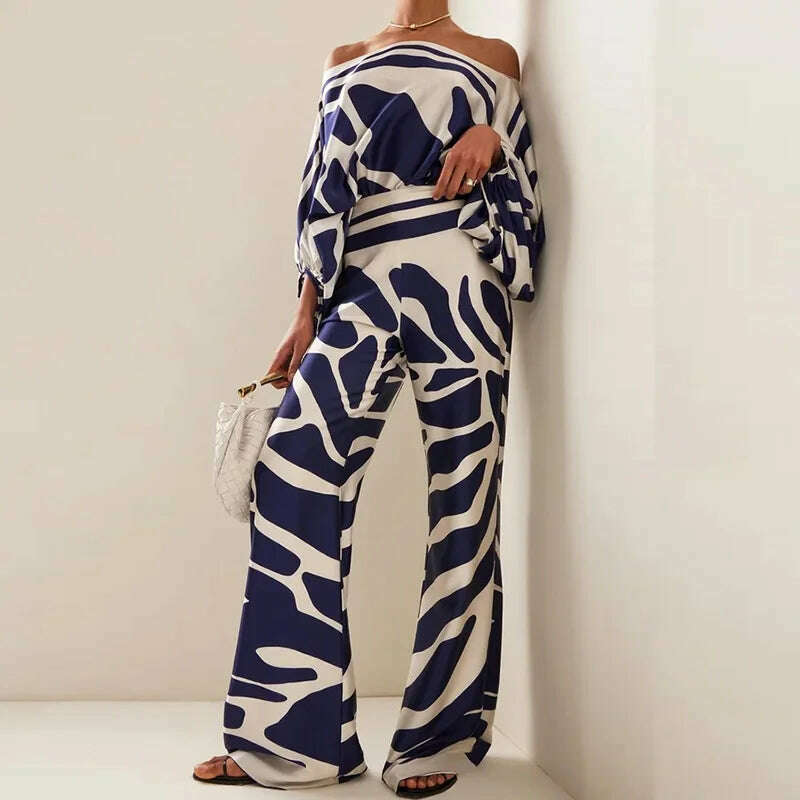 Casual Satin Commuting Suit Fashion Hollow Off Shoulder Tops With Long Pants Women 2 Piece Sets 2023 Spring Loose Print Outfits