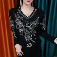 Casual V-Neck Slim Pullovers 2023 Spring Autumn Long Sleeve All-match Women's Clothing Vintage Stylish Floral Diamonds T-shirt