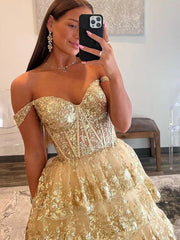 Off the shoulder Gold sequin lace Ruffled Prom Dresses, Princess Dresses, 2024 Prom Dresses