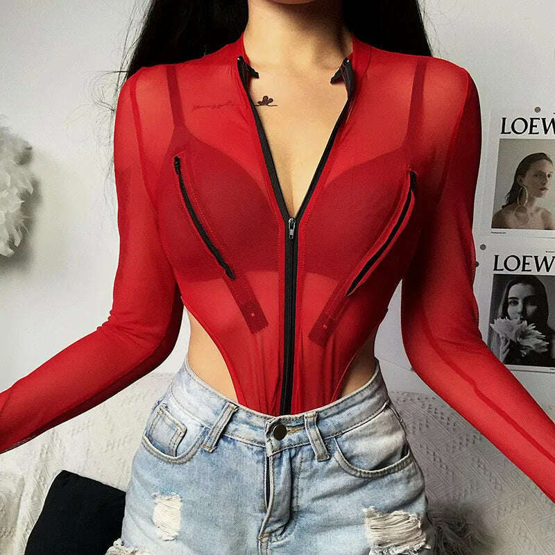 CNYISHE Sexy Club Bodysuits Women Tops Streetwear Red Mesh High Waist Bodysuit Romper Female Body Basic Summer Outfits Swimsuit