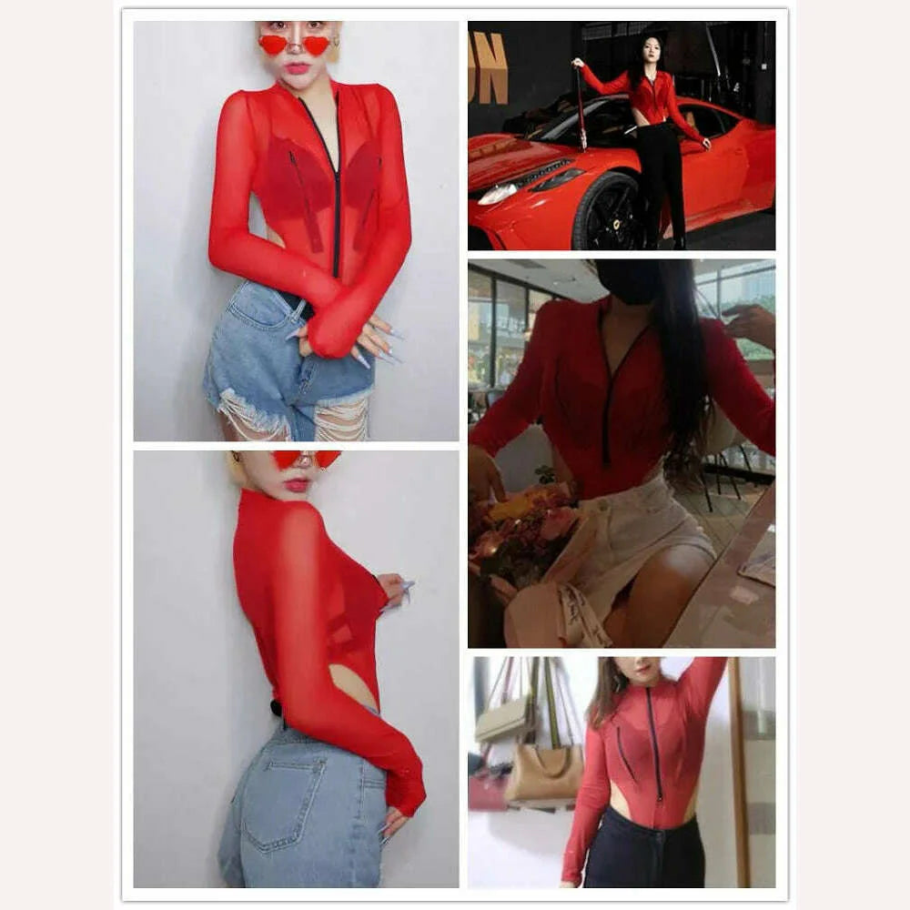 CNYISHE Sexy Club Bodysuits Women Tops Streetwear Red Mesh High Waist Bodysuit Romper Female Body Basic Summer Outfits Swimsuit