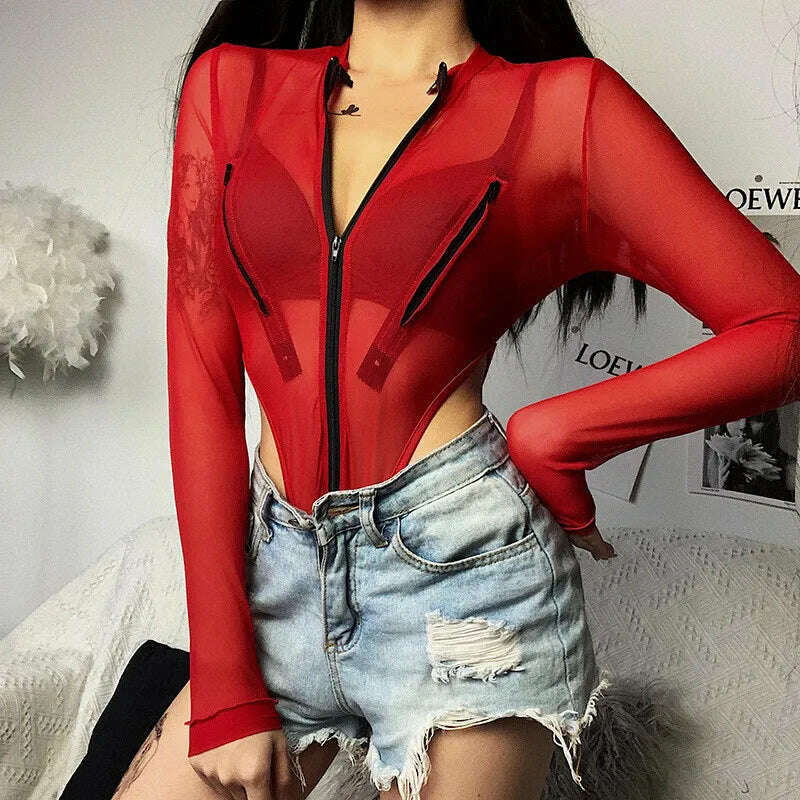 CNYISHE Sexy Club Bodysuits Women Tops Streetwear Red Mesh High Waist Bodysuit Romper Female Body Basic Summer Outfits Swimsuit