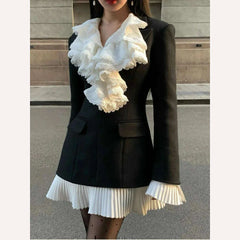 Court style ruffled hem shirt + two suits lapel dress ruffled hem detachable skirt