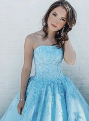 Strapless Long A-line Light Blue Lace Tulle Prom Dresses, Newest Prom Dresses, 2020 Prom Dresses