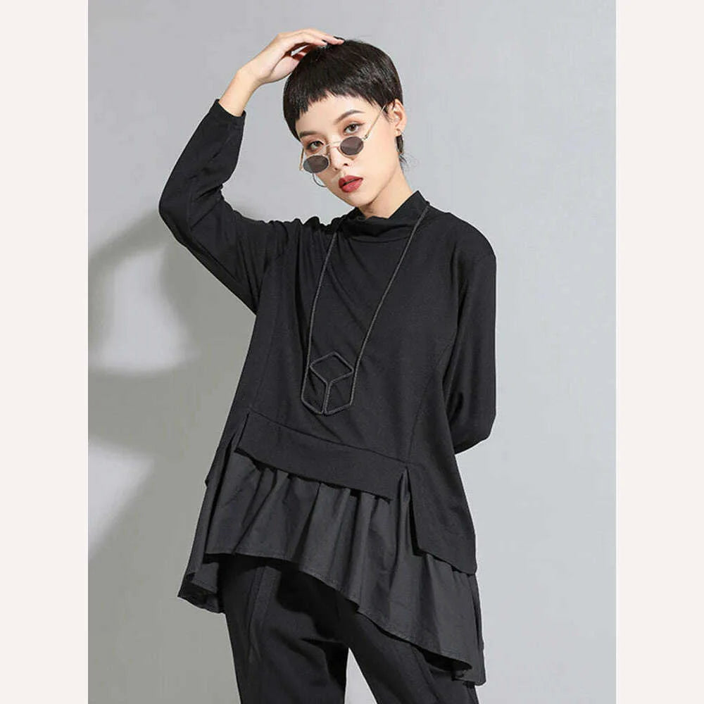 [EAM] Loose Fit Asymmetrical Ruffles Sweatshirt New High Collar Long Sleeve Women Big Size Fashion Tide Spring Autumn 2022 1A529