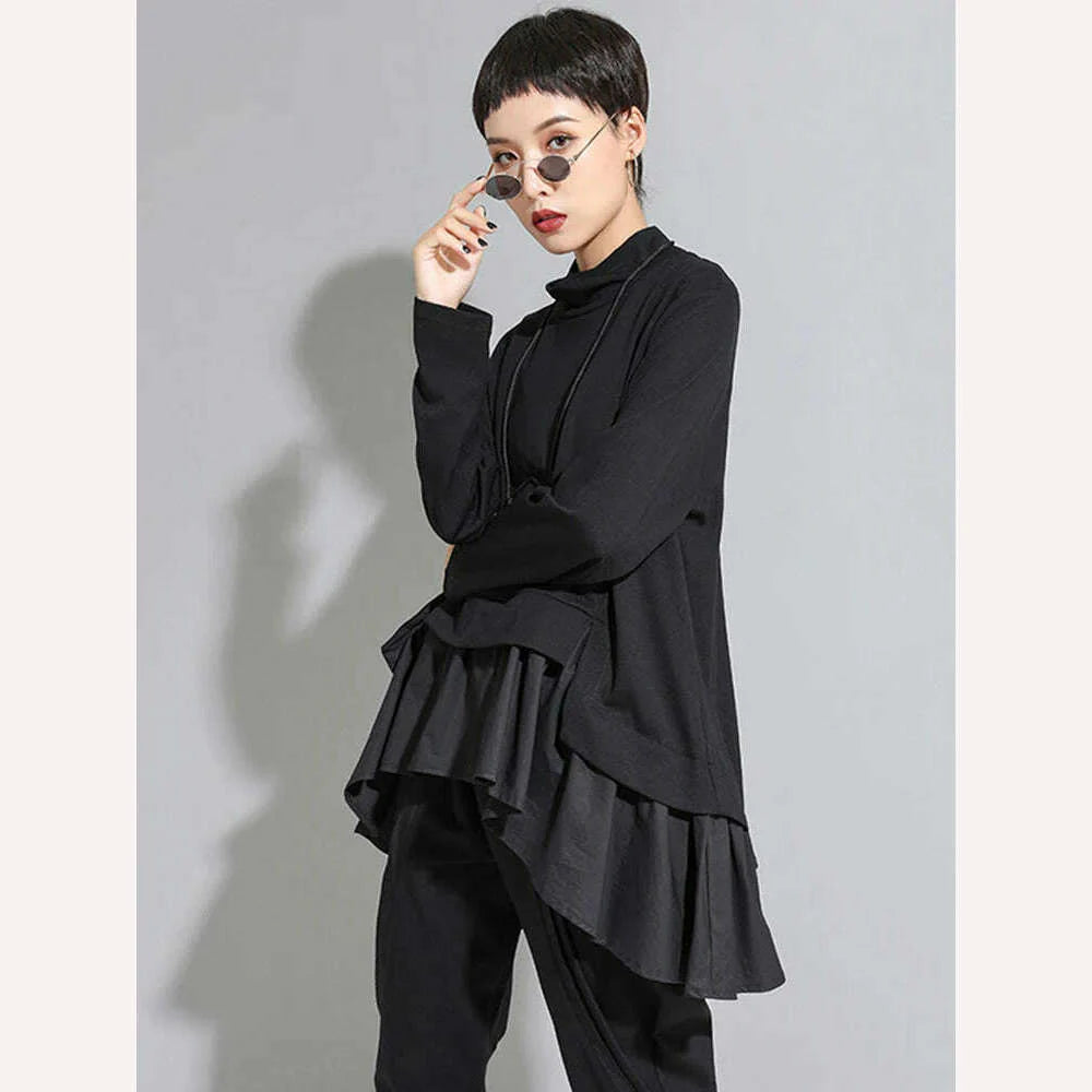 [EAM] Loose Fit Asymmetrical Ruffles Sweatshirt New High Collar Long Sleeve Women Big Size Fashion Tide Spring Autumn 2022 1A529