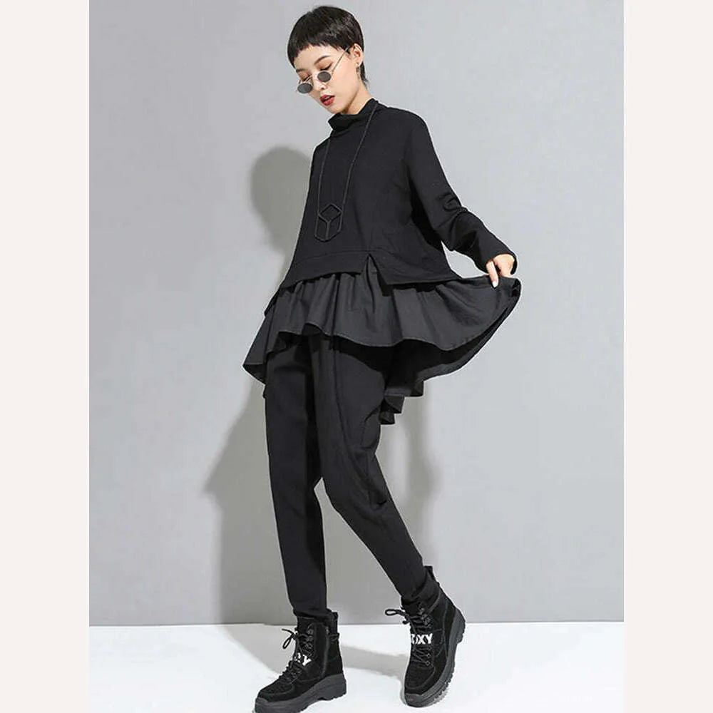 [EAM] Loose Fit Asymmetrical Ruffles Sweatshirt New High Collar Long Sleeve Women Big Size Fashion Tide Spring Autumn 2022 1A529