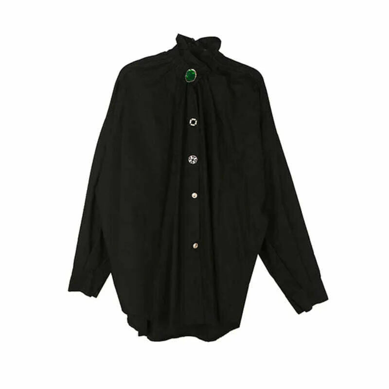 [EAM] Women Big Size Button Decoration Blouse New Stand Collar Long Sleeve Loose Fit Shirt Fashion Spring Autumn 2024 1DD3478