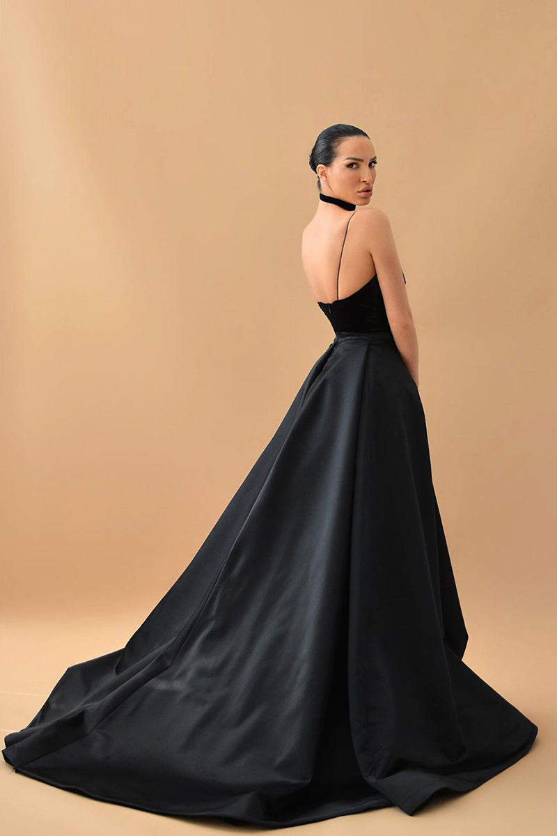 Evening Glamour Black Satin Backless Gown