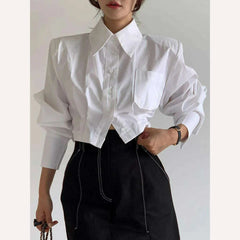 [EWQ] Hollow Out Bandage Buckle Shirt Women Long Sleeve Single Breasted Blusas 2023 Autumn Winter New Fashion White Top 16U3824